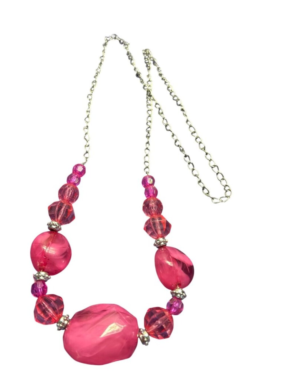 Pink Acrylic Beaded Silvertone Necklace No Clasp 30 inches Long